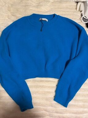Zara Electric Blue Cropped Knit Crewneck